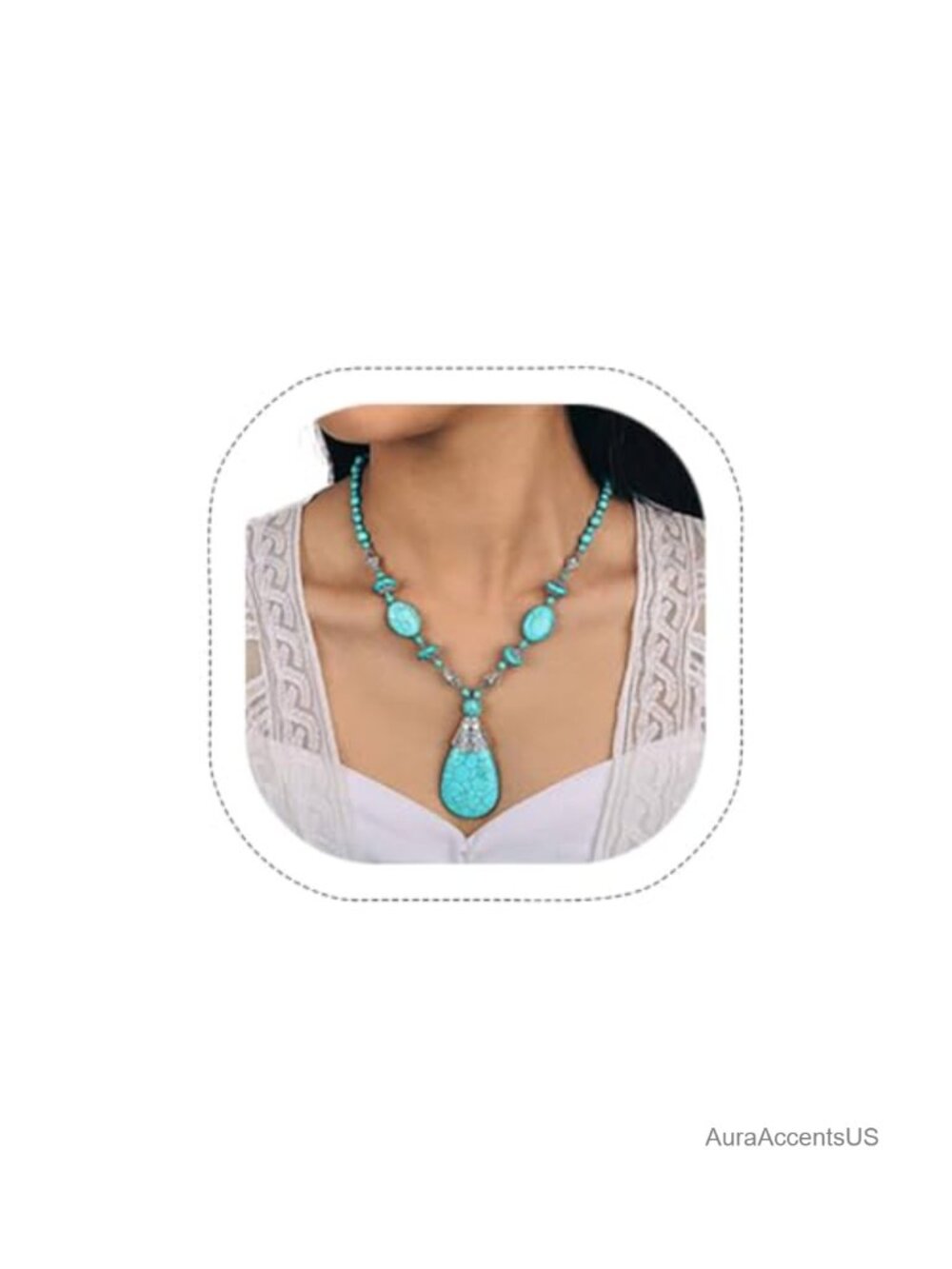 Boho Turquoise Beaded Necklace Silver Chain Handmade Jewelry for Women